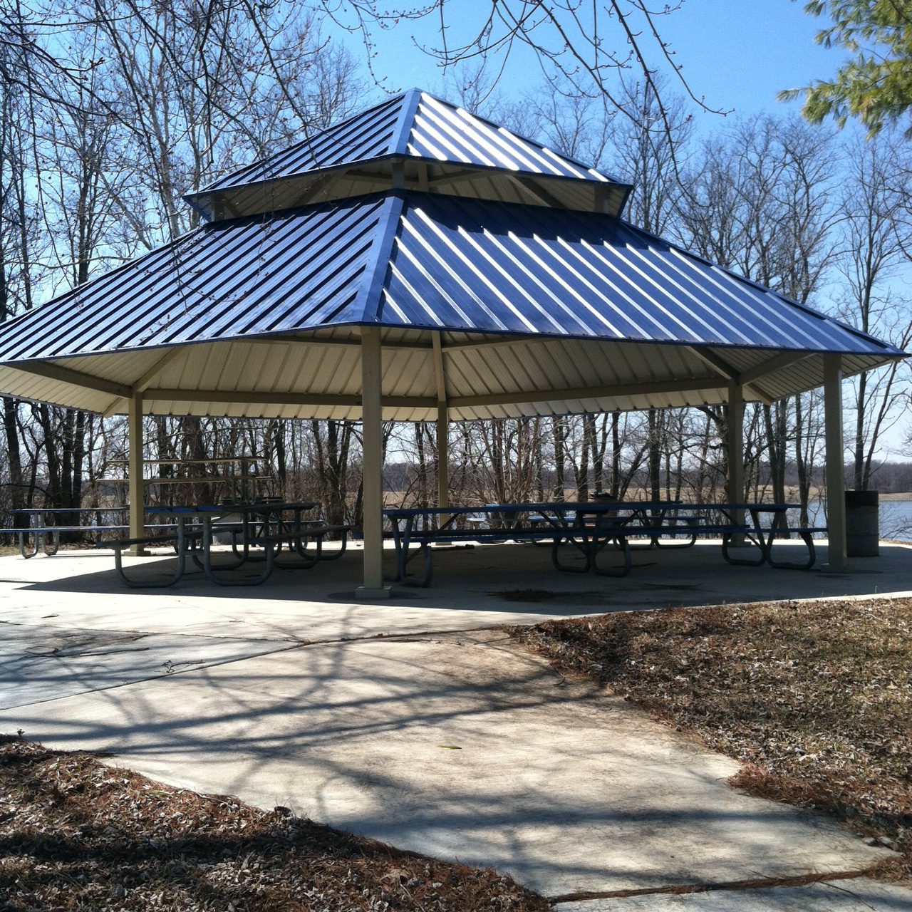 Outdoor pavilion with a blue metal roof and picnic tables, surrounded by trees near a water body.