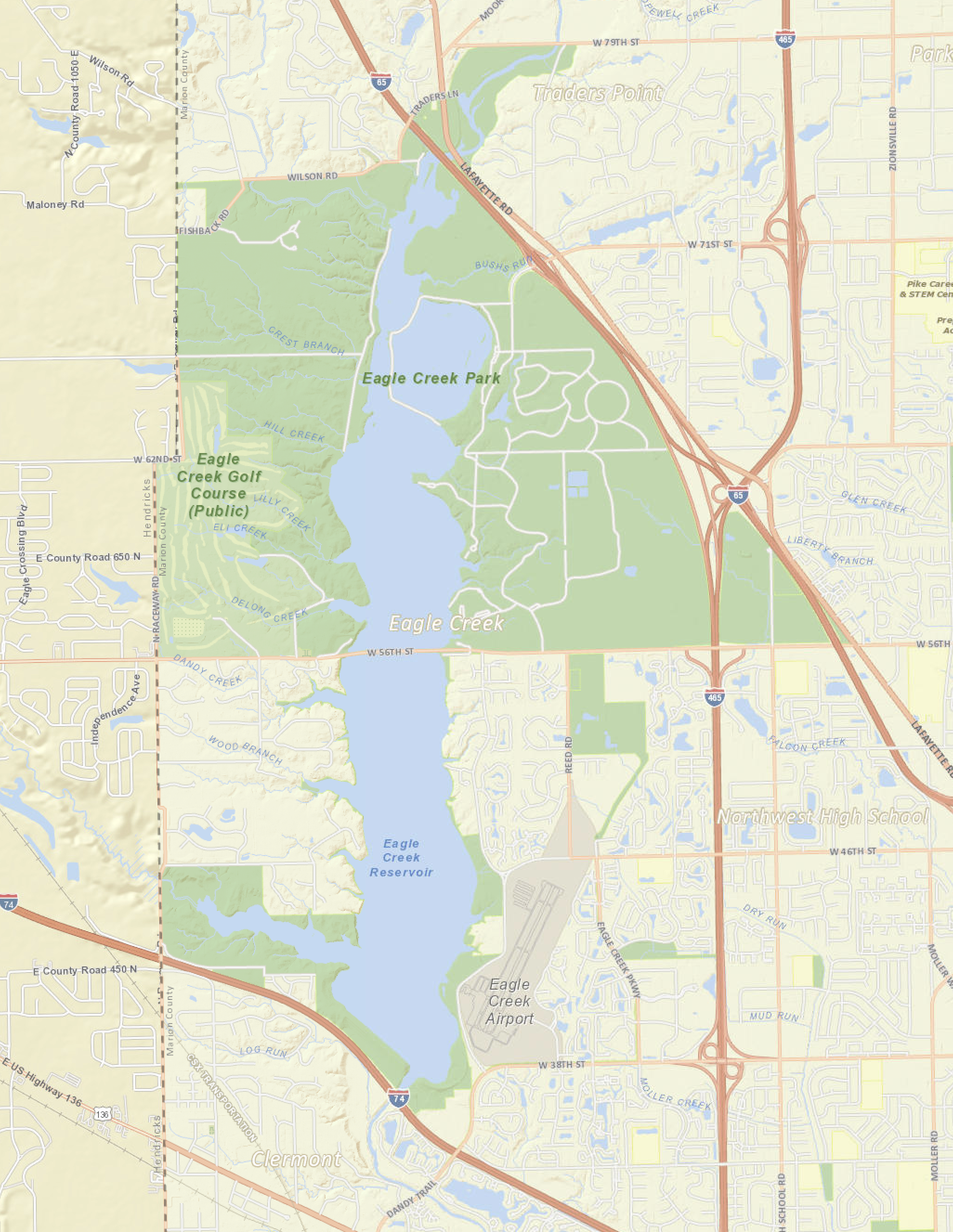 Map of Eagle Creek Park, Eagle Creek Golf Course, and Eagle Creek Reservoir, showcasing trails and locations in the area.