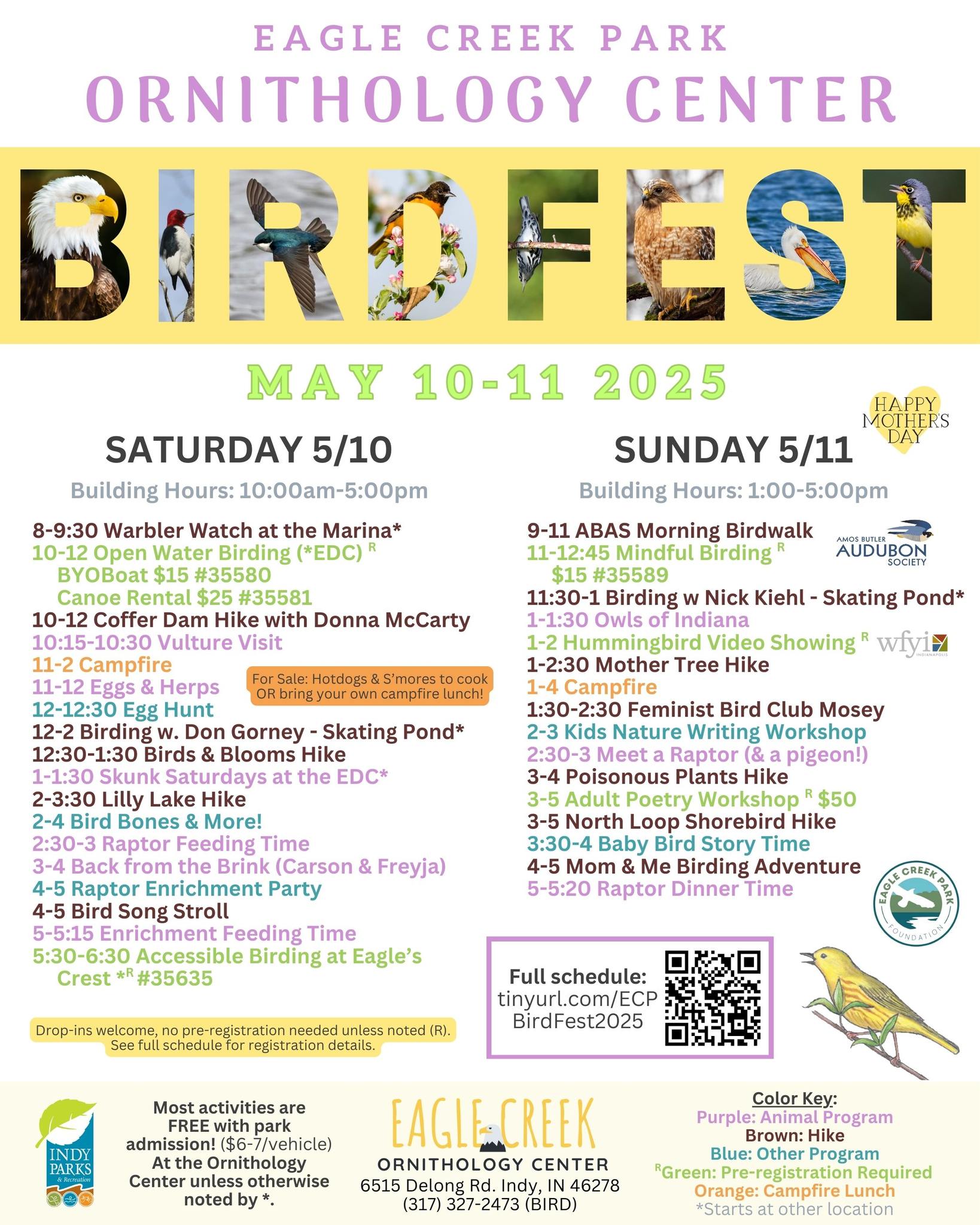 Schedule graphic for Birdfest at Eagle Creek Park, detailing events and times for May 10-11, 2025.