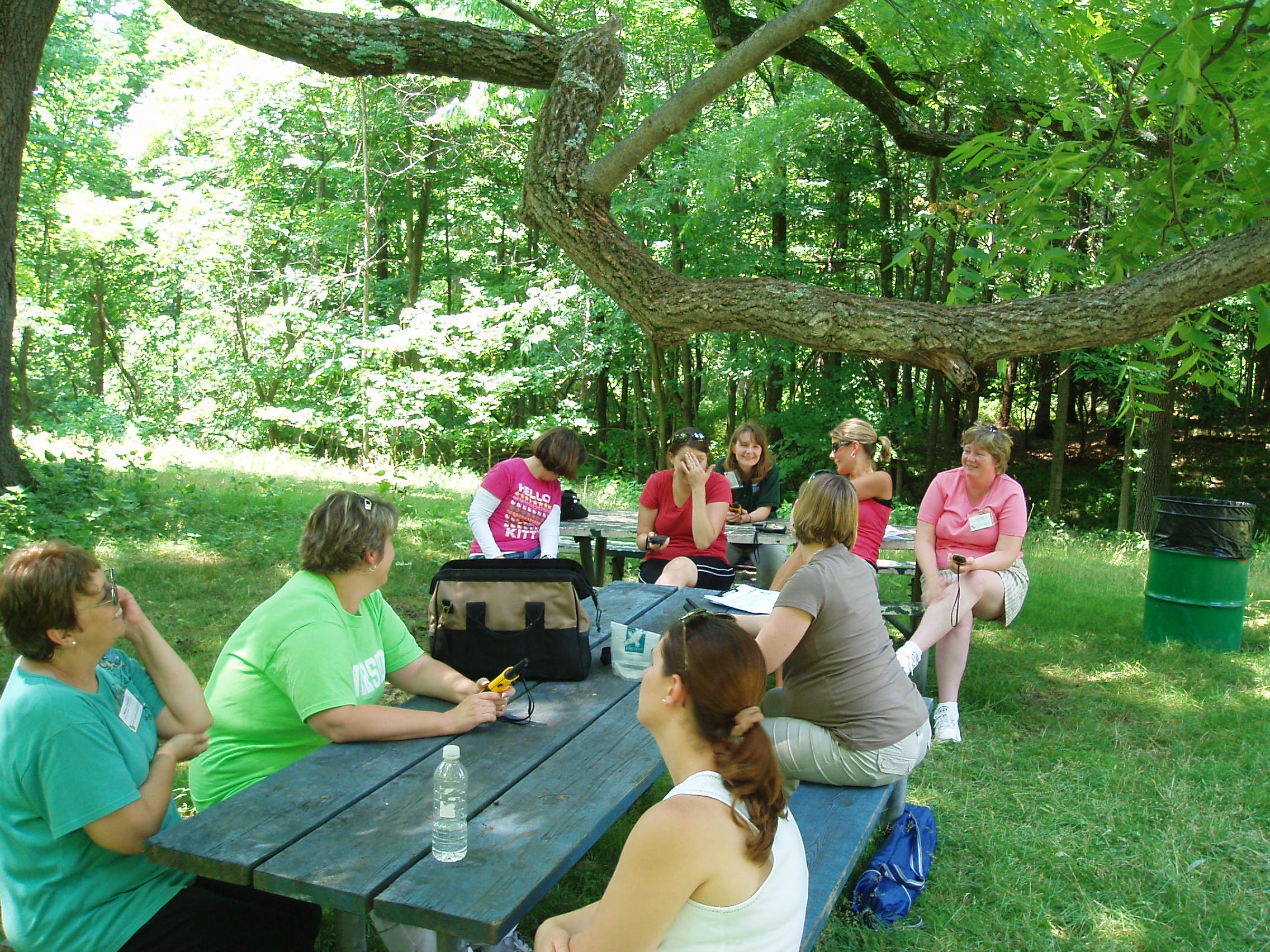 A group of individuals sitting around a picnic table in a wooded area, engaged in conversation and activities.